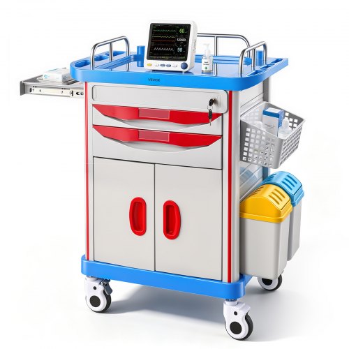 VEVOR Medical Cart 110 kg Max Load Medical Trolley Cart with Cabinet, for Hospital, Clinic, Laboratory, Stable Support, with 2 Drawers, Silent Rolling Trolley with 360° Swivel Lockable Wheels