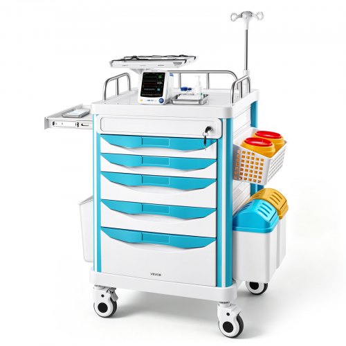 VEVOR Medical Cart 110 kg Max Load Medical Trolley Cart with 5 Drawers, for Hospital, Clinic, Laboratory, Stable Support, Silent Rolling Trolley with 360° Swivel Lockable Wheels, Organized Storage