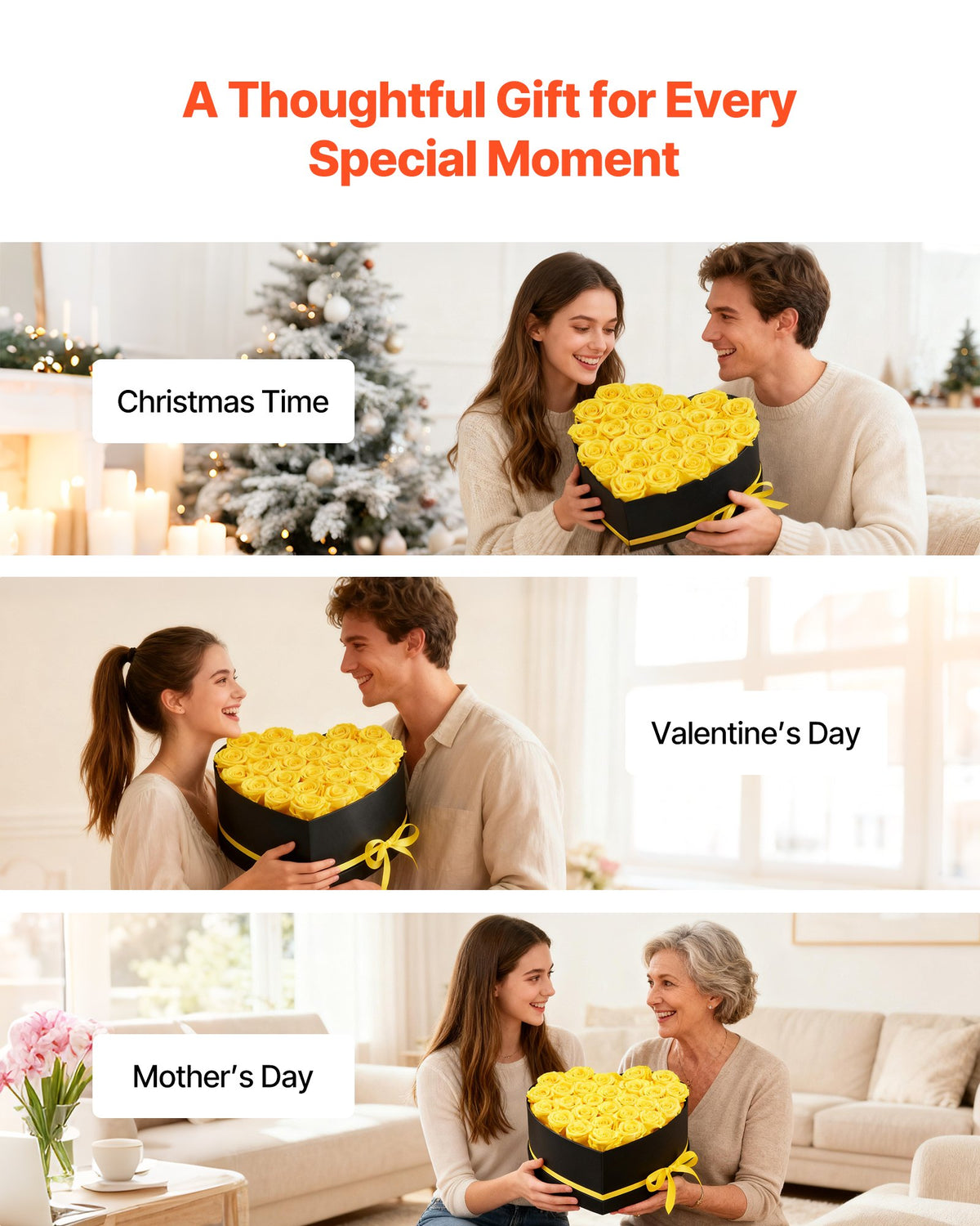 VEVOR Forever Flowers, 27 Preserved Roses in a Heart Shape Box, Eternal Flowers Immortal Bouquet Birthday Present for Women Her Wife Mothers, Anniversary, Valentine's Day,Christmas, Yellow