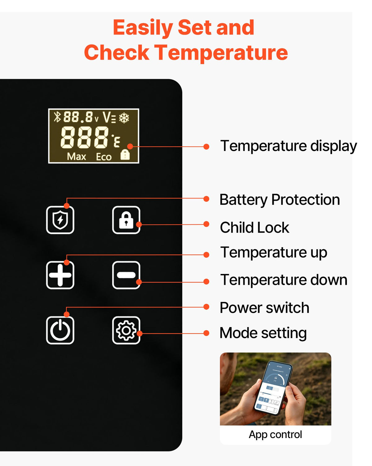 VEVOR Car Refrigerator, DC 12/24V AC100-240V Compressor Electric Cooler, -20°C to 20°C Car Fridge with APP Control, 20L Cars Freezer for RVs, Campsites, Boats, Camping, Fishing, 60W Portable Freezer