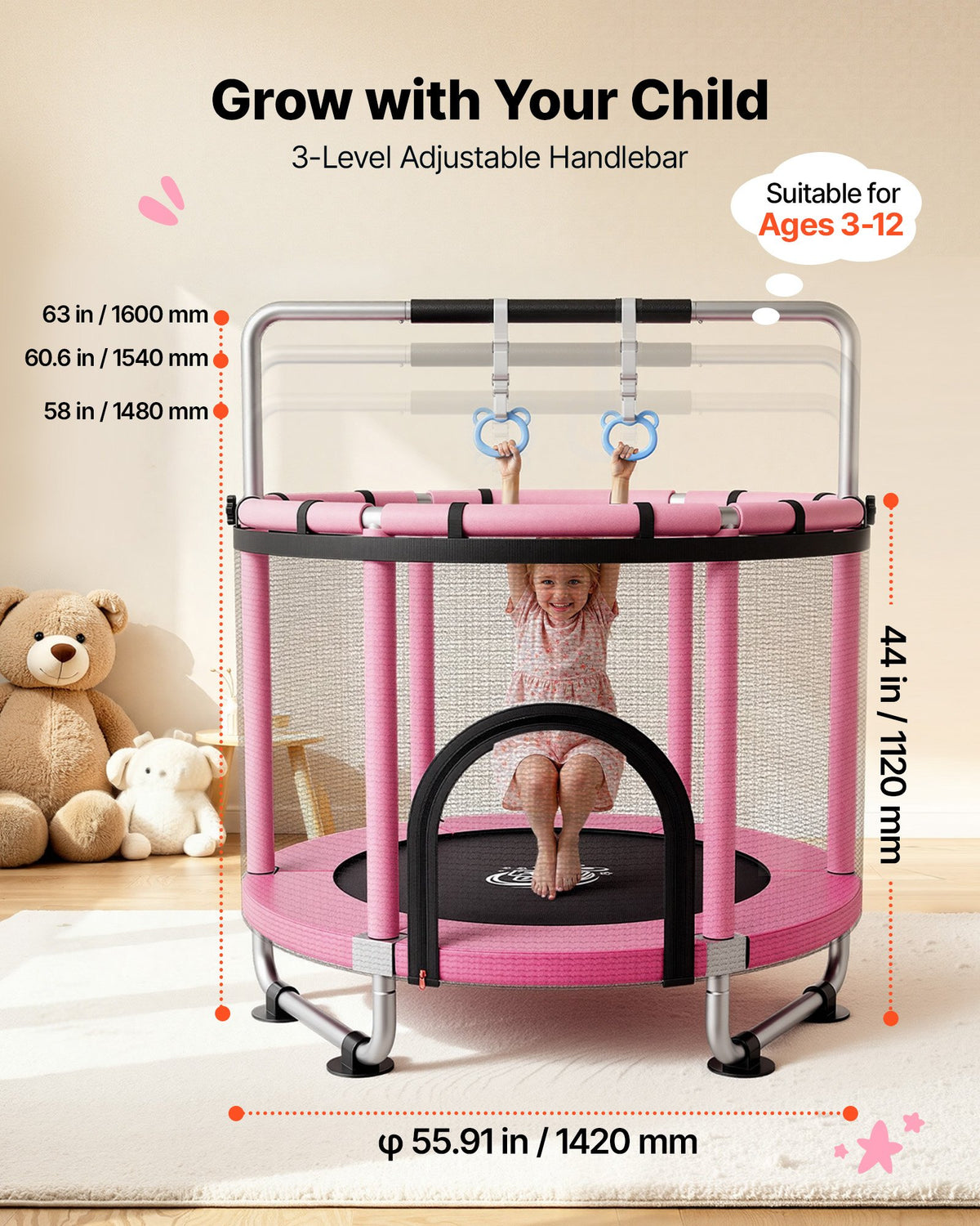 VEVOR 142cm Trampoline for Kids, Toddler Mini Trampoline, 60 kg Indoor Outdoor Play Toys with Enclosure Net and Adjustable Gymnastics Bar, Christmas Toys Birthday Gifts for Girls Boys