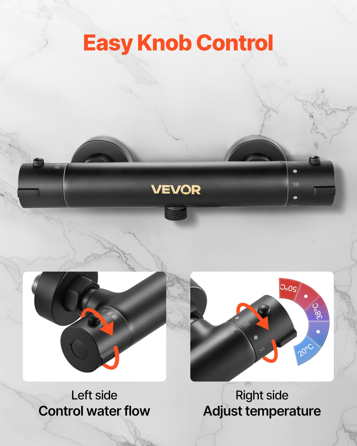 VEVOR Thermostatic Shower Faucet Valve, 38℃ Secure Lock Thermostatic Shower Valve Trim Kit, Hot Cold Water Showering Faucet Temperature Control Valves with Electrophoretic Coating for Bathroom, RV