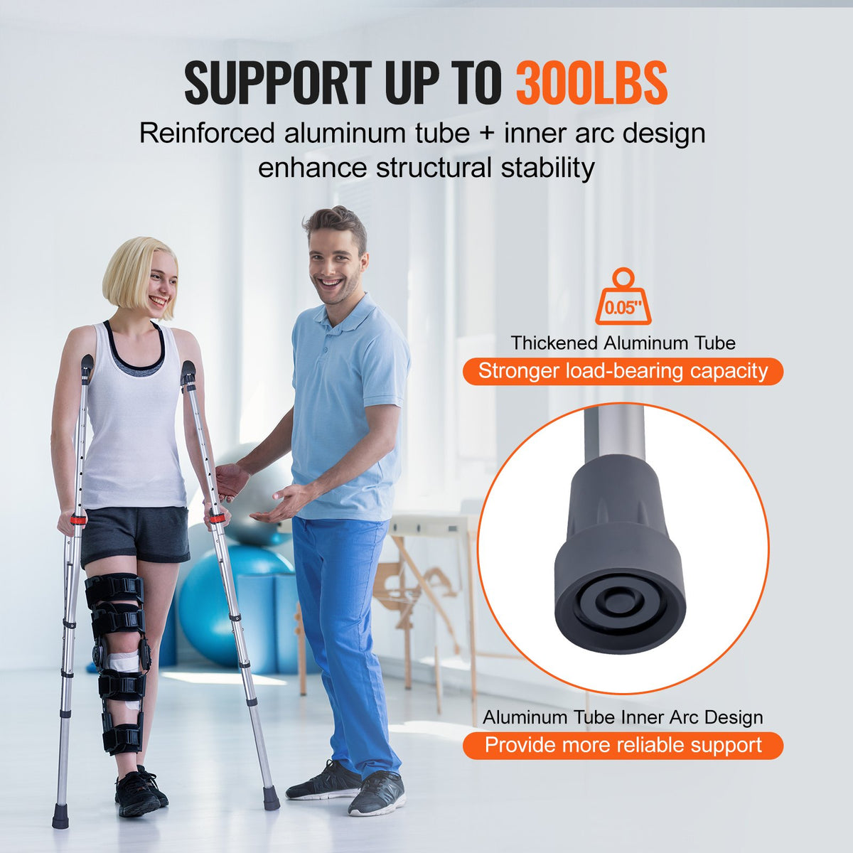 VEVOR Underarm Crutches, 13-Level Height Adjustable Underarm Walking Crutches, Lightweight Aluminum Crutches for Adults Teenager - with Soft Underarm Pad for Leg Injury Surgery Disabled, 1 Pair 300LBS