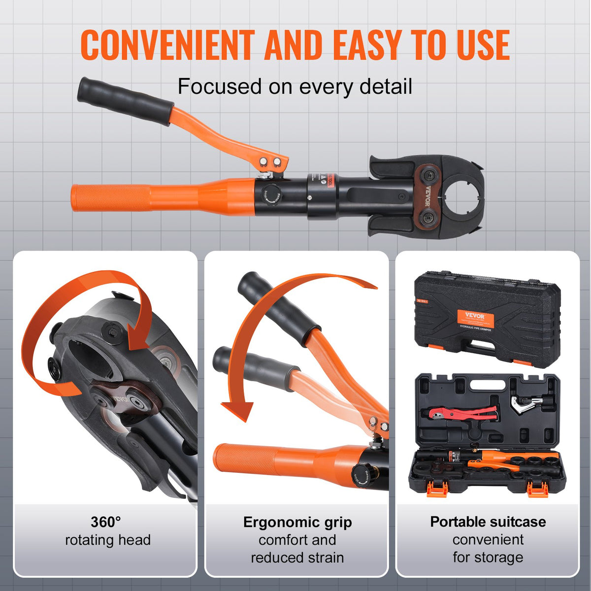 VEVOR Copper Tube Fittings Hydraulic Pipe Crimping Tool, Pressing Plier with TH16, TH20, TH26, TH32 Quick Change Jaws, 360° Rotatable Press Kit for Confined Spaces Tee Fittings Hydraulically Driven