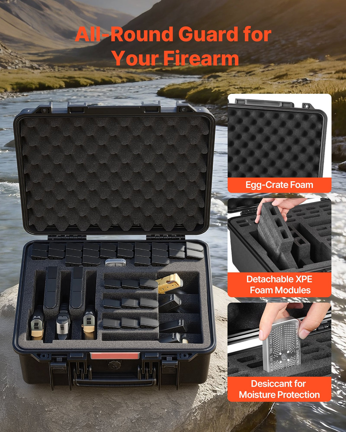 VEVOR Hard Pistol Case, Heavy Duty Hard Gun Case with XPE Foam Lining, Waterproof Pistol Storage Box with Customizable Interior & Handle for Gun, Lenses, Camera, Gear, TSA Compliant, 491x434x211 mm