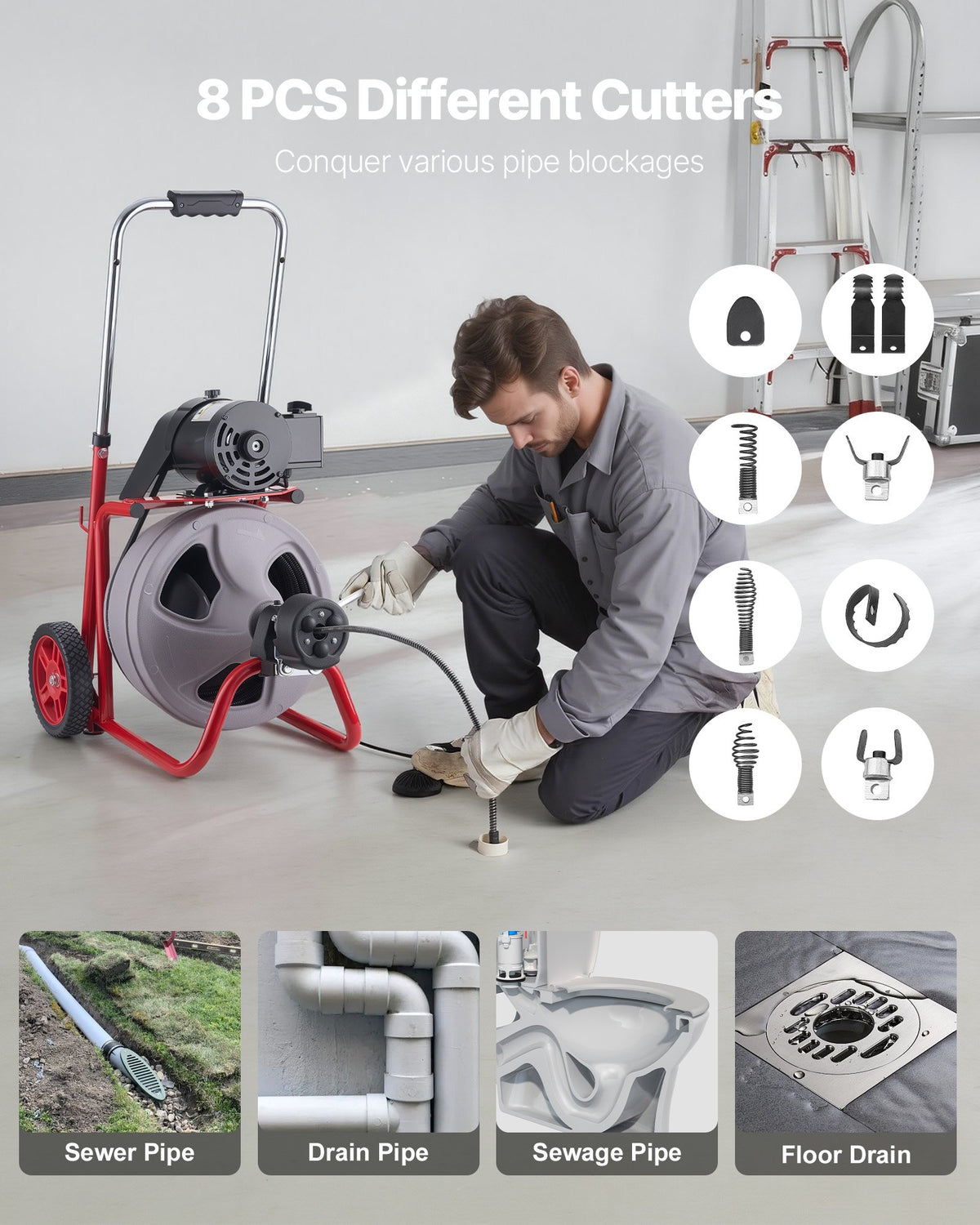 VEVOR Drain Cleaner Machine 22m x 9.5mm, Auto Feed Sewer Snake Drain Auger on Wheels, Portable Drain Cleaning Machine with 8 Cutters & Air-Activated Foot Switch for 50mm to 100mm Pipes