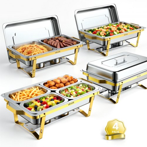 VEVOR 4 Packs Chafing Dishes for Buffet Set, 8.5L Stainless Steel Chafer, for Banquet Party Wedding, Rectangle Buffet Server Warmer, 2 Full & 2 Half & 4 Fourth-Size Pans, Fuel Holder, Tong, Glass Pad