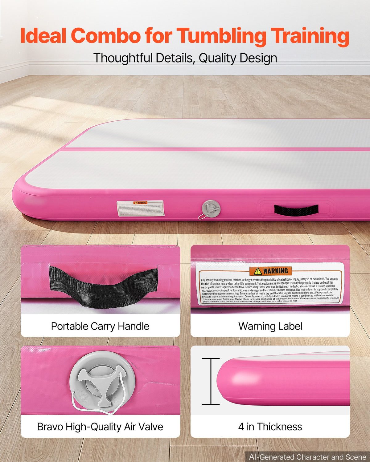 VEVOR Inflatable Gymnastics Air Mat 3m Training Mats w/ Electric Pump, 10 cm Thick Sturdy Tumble Track, Tumbling Mat for Home Use/Gym/Outdoor/Yoga/Cheerleading/Beach/Park/Water, Pink