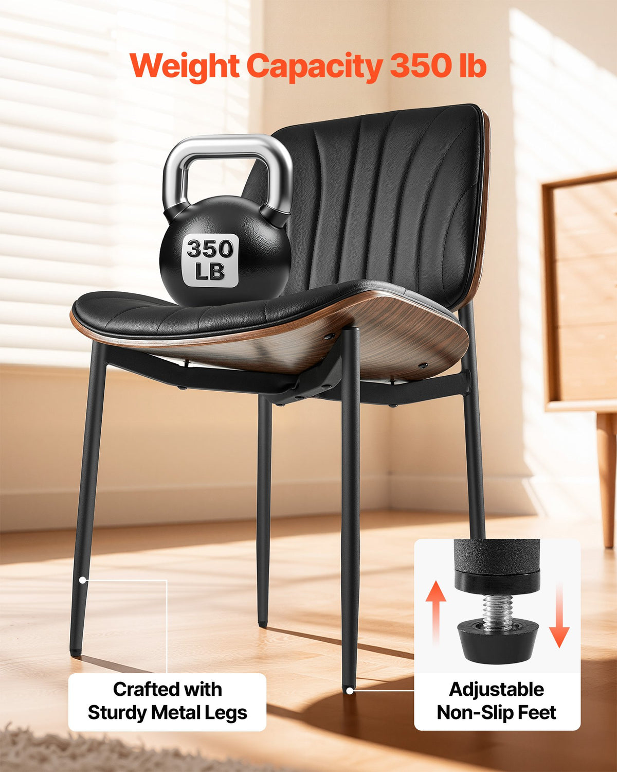 VEVOR Modern Dining Room Accent Chairs Set of 6, Upholstered Leather Side Chair for Dining Tables, Space-Saving Kitchen Table Chair with Thick Cushions and Metal Legs, Black
