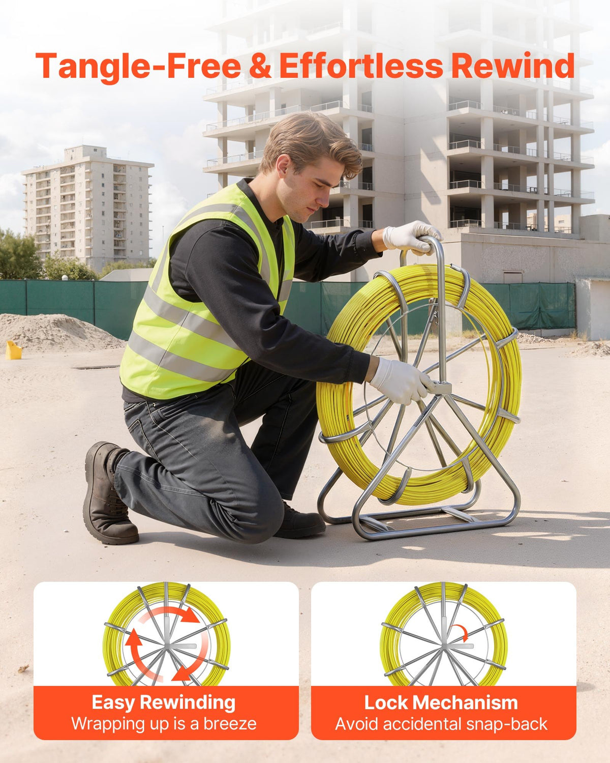 VEVOR Fish Tape Fiberglass, 152M 6.3MM, Duct Rodder Fishtape Wire Puller with Stand, Cable Running Rod with Locking Mechanism, Fishing Tools, for Walls Floor and Electrical Conduit, Non-Conductive