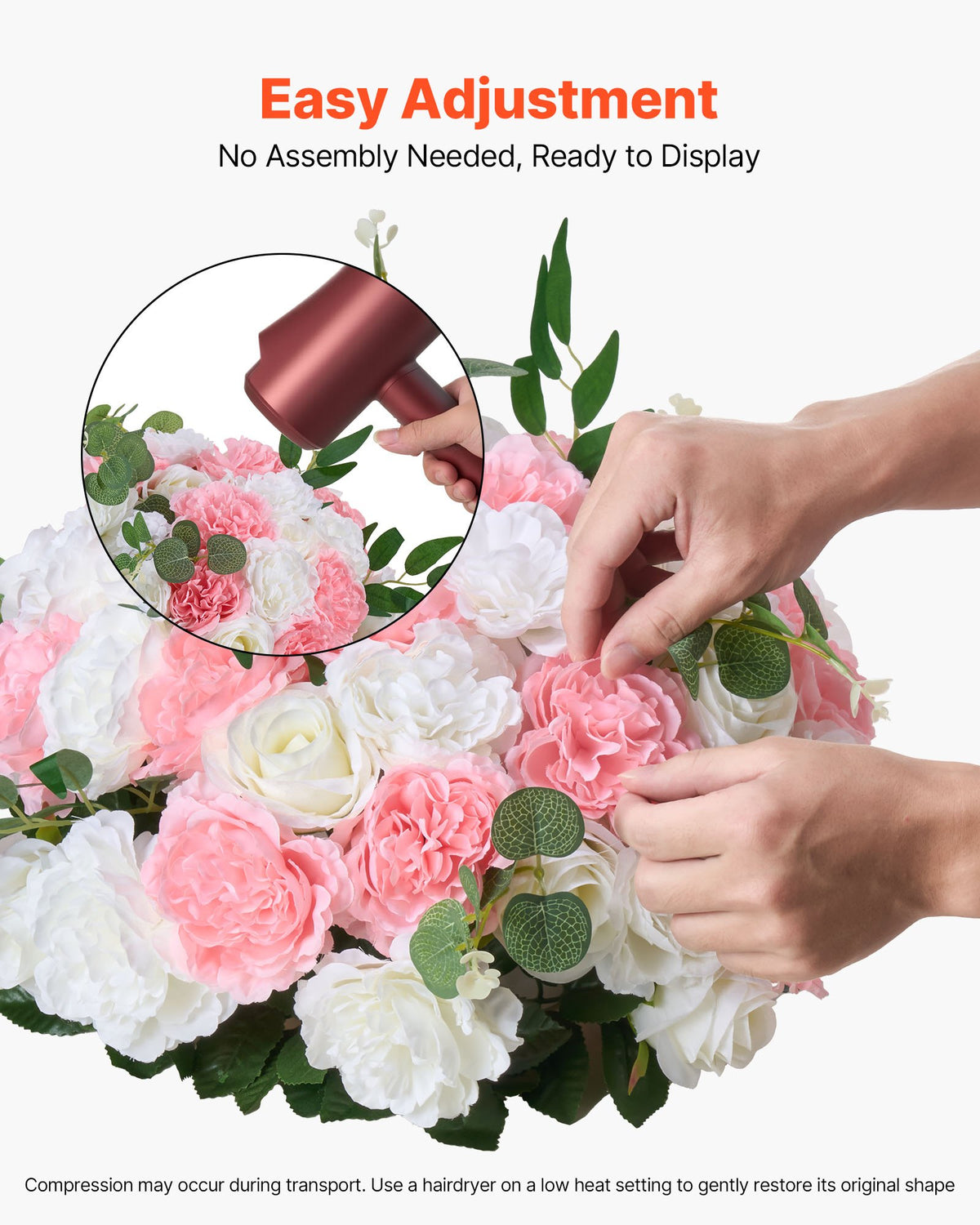 VEVOR Flower Ball Arrangement Bouquet 10 PCS, 450 mm Diameter Artificial Flower Balls Wedding Table Centerpieces, Rose Arrangements for Wedding Centerpiece Home Decorations, Pink and White Roses