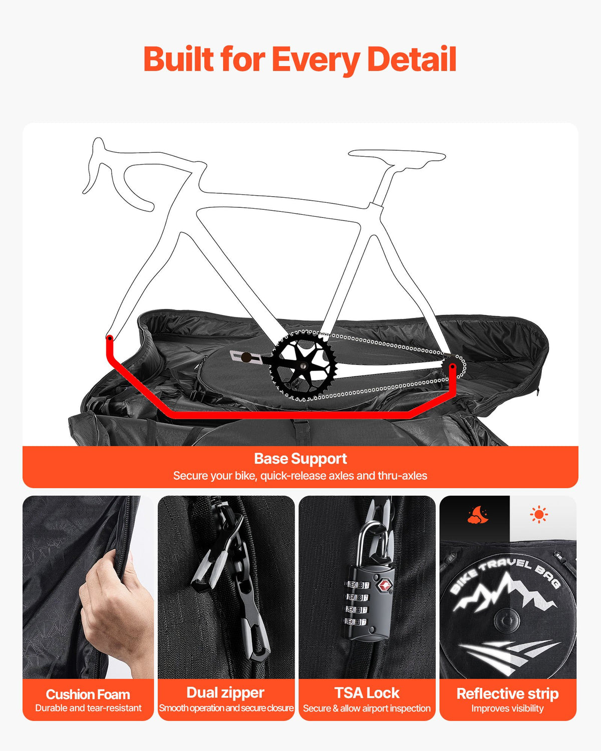 VEVOR Bike Travel Bag, Road Bike Bag Road Bicycle Storage Carry with TSA Lock & Dual Zipper, Black Bicycle Case Wheelbase 94-106 cm for Air Travel, Outdoor Use, Airplane, Car, Train, Subway Transport