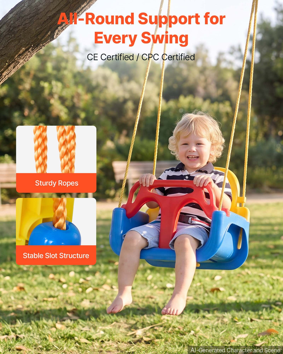 VEVOR 3-in-1 Baby Swing Seat 136 kg Capacity Toddler Swing Red/Yellow/Blue, for Indoor & Outdoor Playground, with Adjustable Ropes and Snap Hooks, Snug & Secure Detachable Infants to Teens Kids Seat