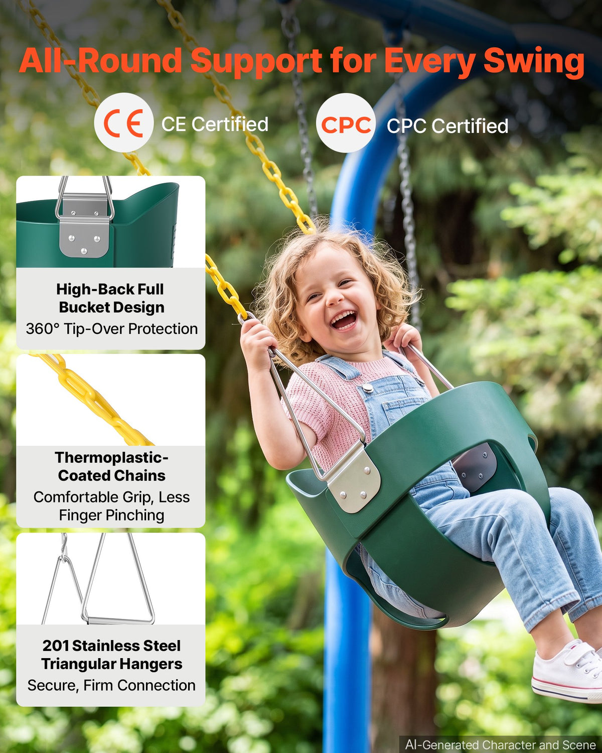 VEVOR Toddler Swing 136 kg High Back Full Bucket Baby Swing Seat Green, for Outdoor & Indoor Backyard Playground, Heavy-Duty Coated Chains and Carabiners, Fully Assembled Seat for Toddlers Age 3+