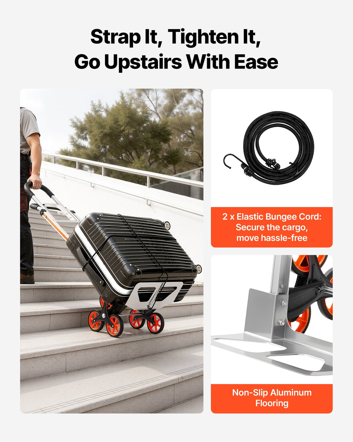 VEVOR Stair Climbing Cart, 150 kg Stair-Climb Capacity, Aluminum Alloy Folding Trolley Cart with Telescoping Handle, 6 Wheels and 2 Bungee Cords, Stair Climber Dolly for Home, Groceries, Warehouse