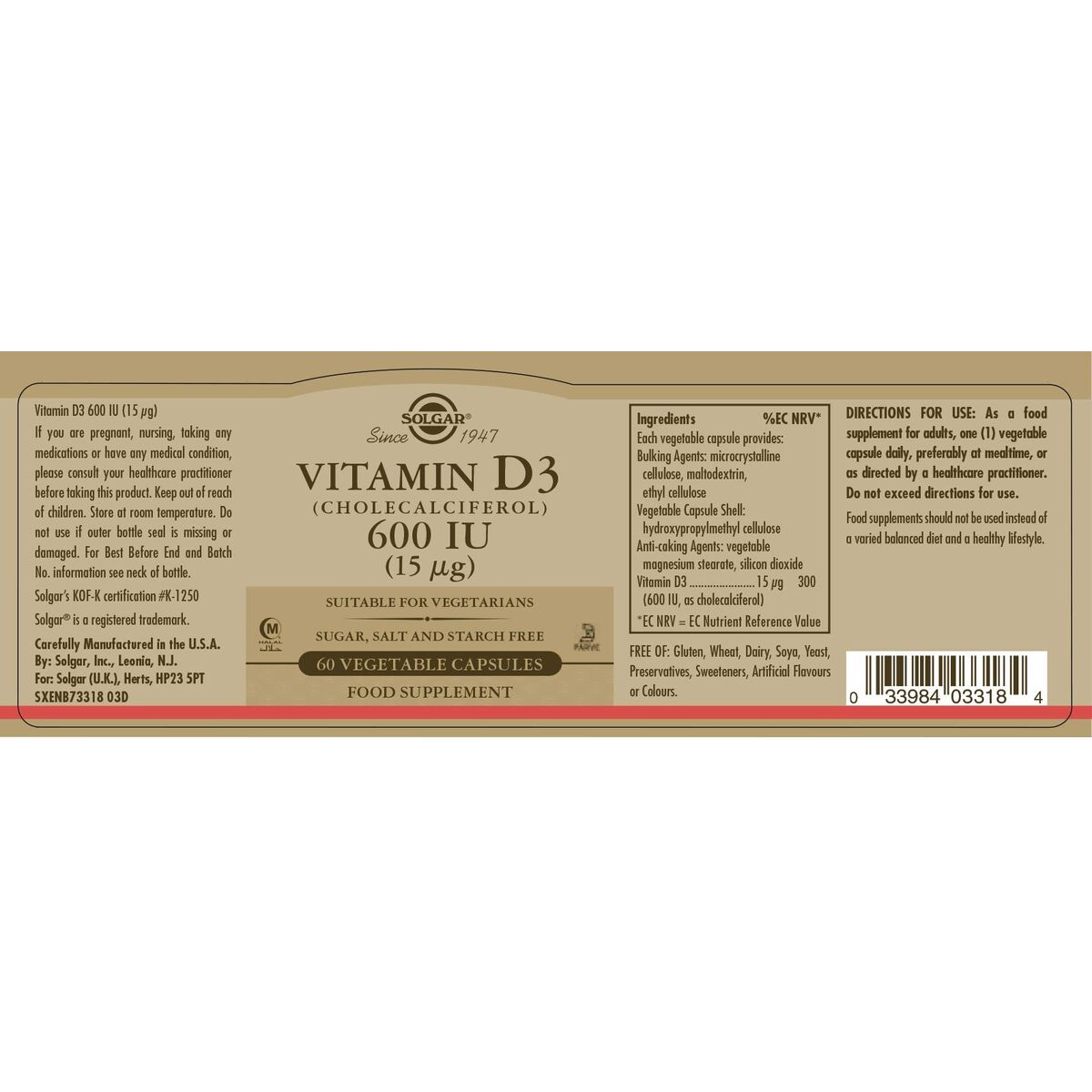 Βιταμίνη D3 (Κολκαλσιφερόλη) Solgar 600 iu 60 Κάψουλες