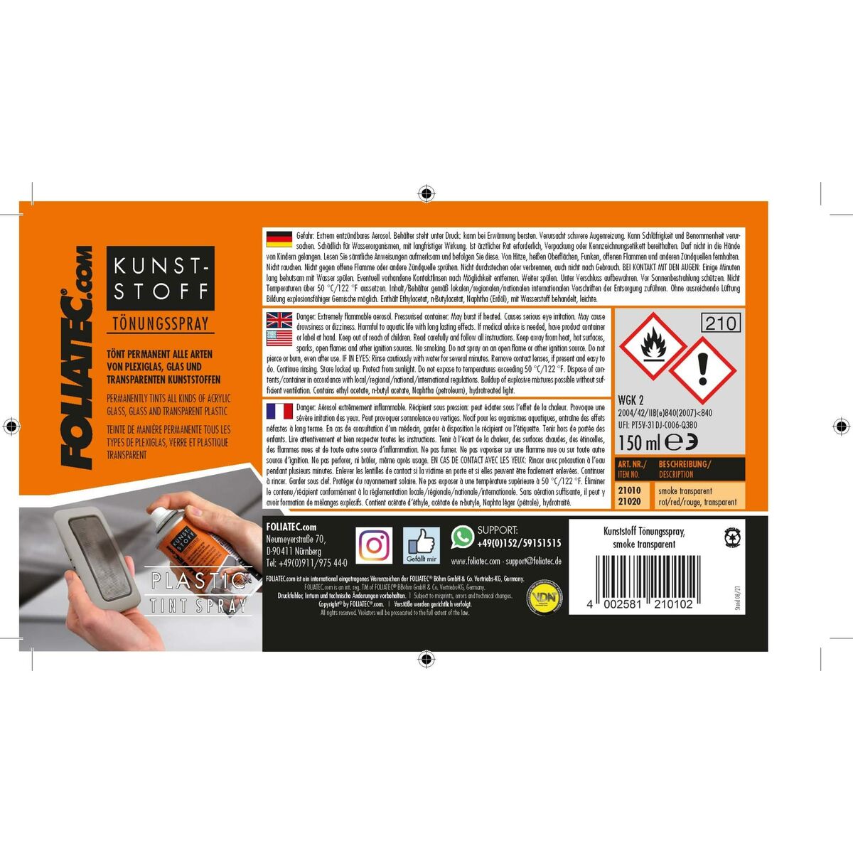 Σπρέι βαφής Foliatec 21020 Κόκκινο Χρώμα Διαφανές 150 ml