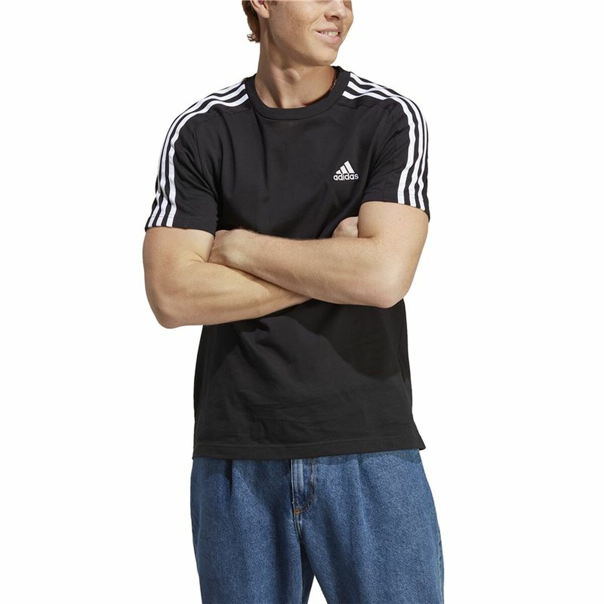 Ανδρική Μπλούζα με Κοντό Μανίκι Adidas Essentials Single 3 Bandas Μαύρο