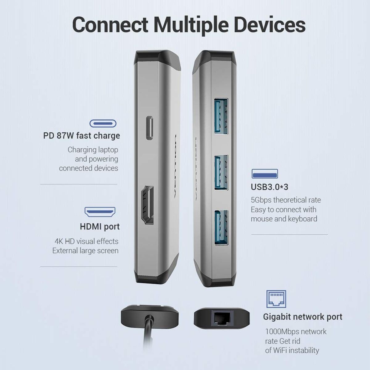 USB Hub Vention CNCHB Μαύρο Γκρι