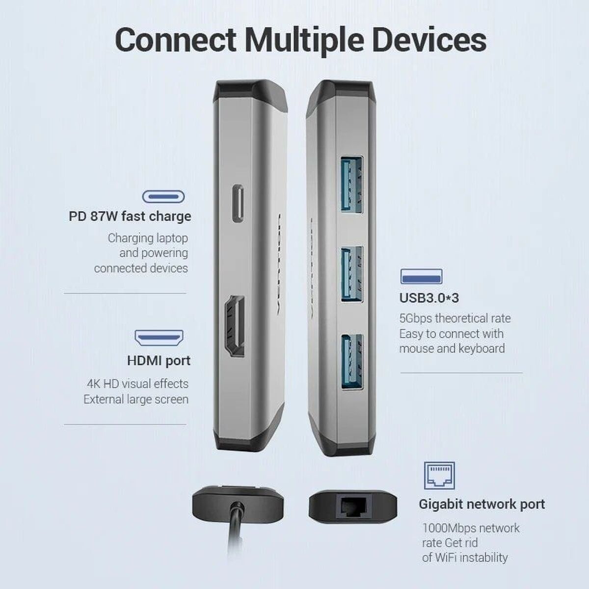 USB Hub Vention CNCHB Μαύρο Γκρι
