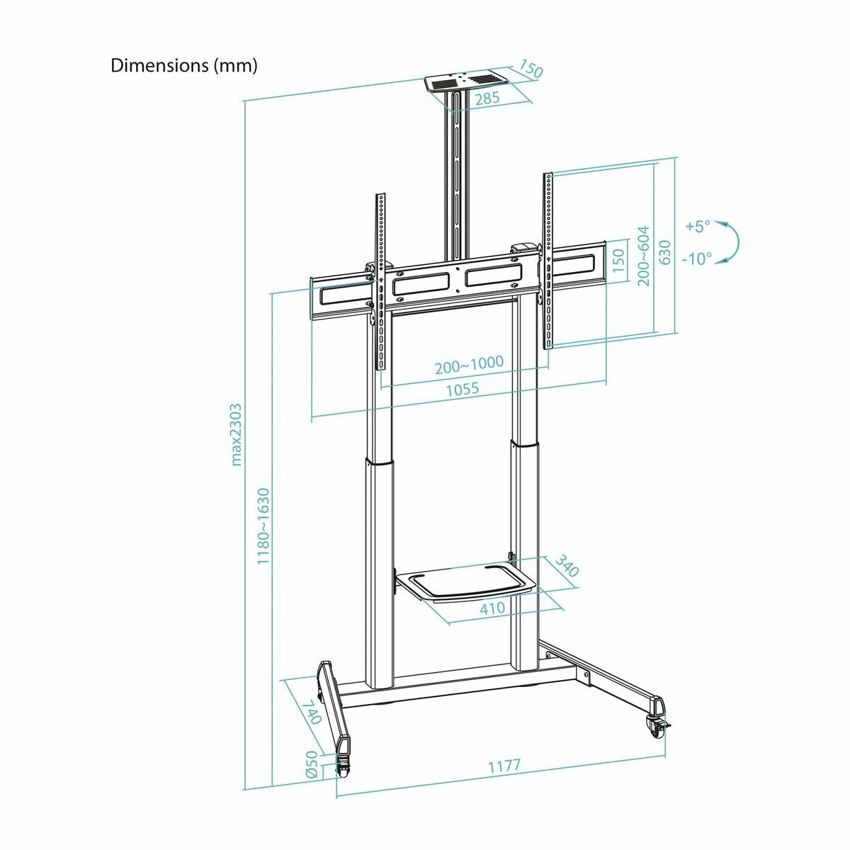 Βάση τηλεόρασης για το πάτωμα με ρόδες TooQ FS20406HM-B 60" 100" 120 kg 130 Kg (Ανακαινισμenα A)