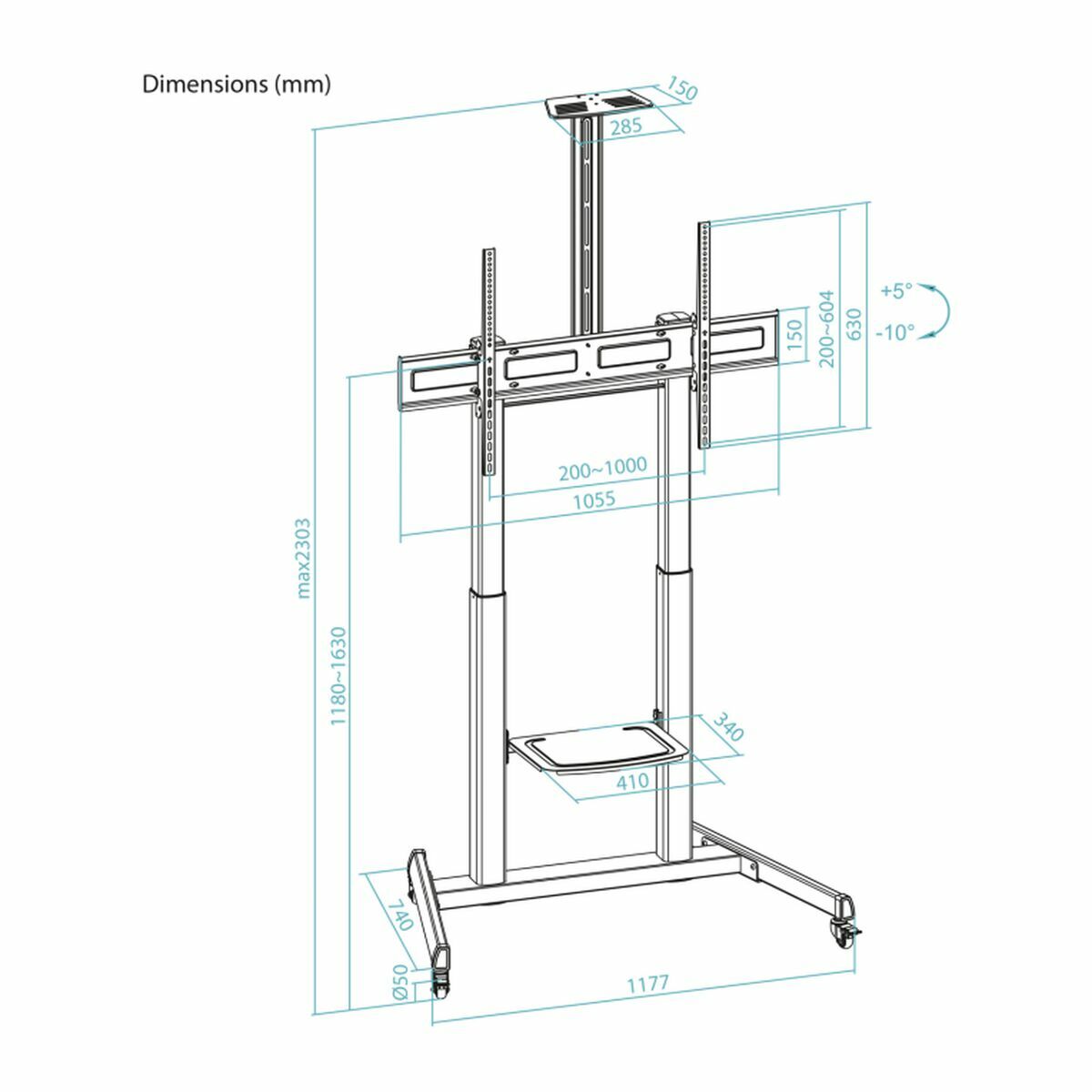 Βάση τηλεόρασης για το πάτωμα με ρόδες TooQ FS20406HM-B 60" 100" 120 kg 130 Kg (Ανακαινισμenα A)