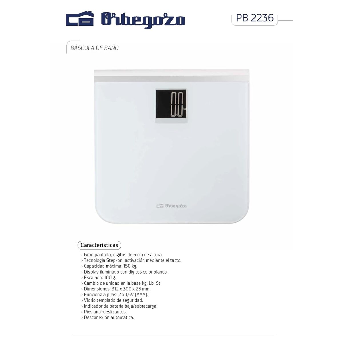 Ψηφιακή Ζυγαριά Μπάνιου Orbegozo PB2236 Λευκό Πλαστική ύλη 150 kg