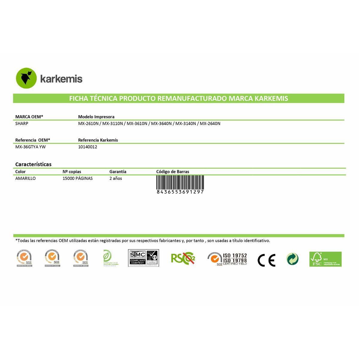 Γνήσιο Toner Karkemis MX-36GTYA Κίτρινο