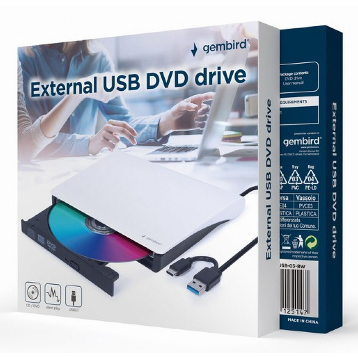 Εξωτερική Συσκευή Εγγραφής GEMBIRD DVD-USB-031-BW DVD-R 8x, DVD-R DL 8x, DVD-RW 8x, DVD-ROM 8x, DVD-RAM 5x, DVD+R 8x, DVD+R DL 8