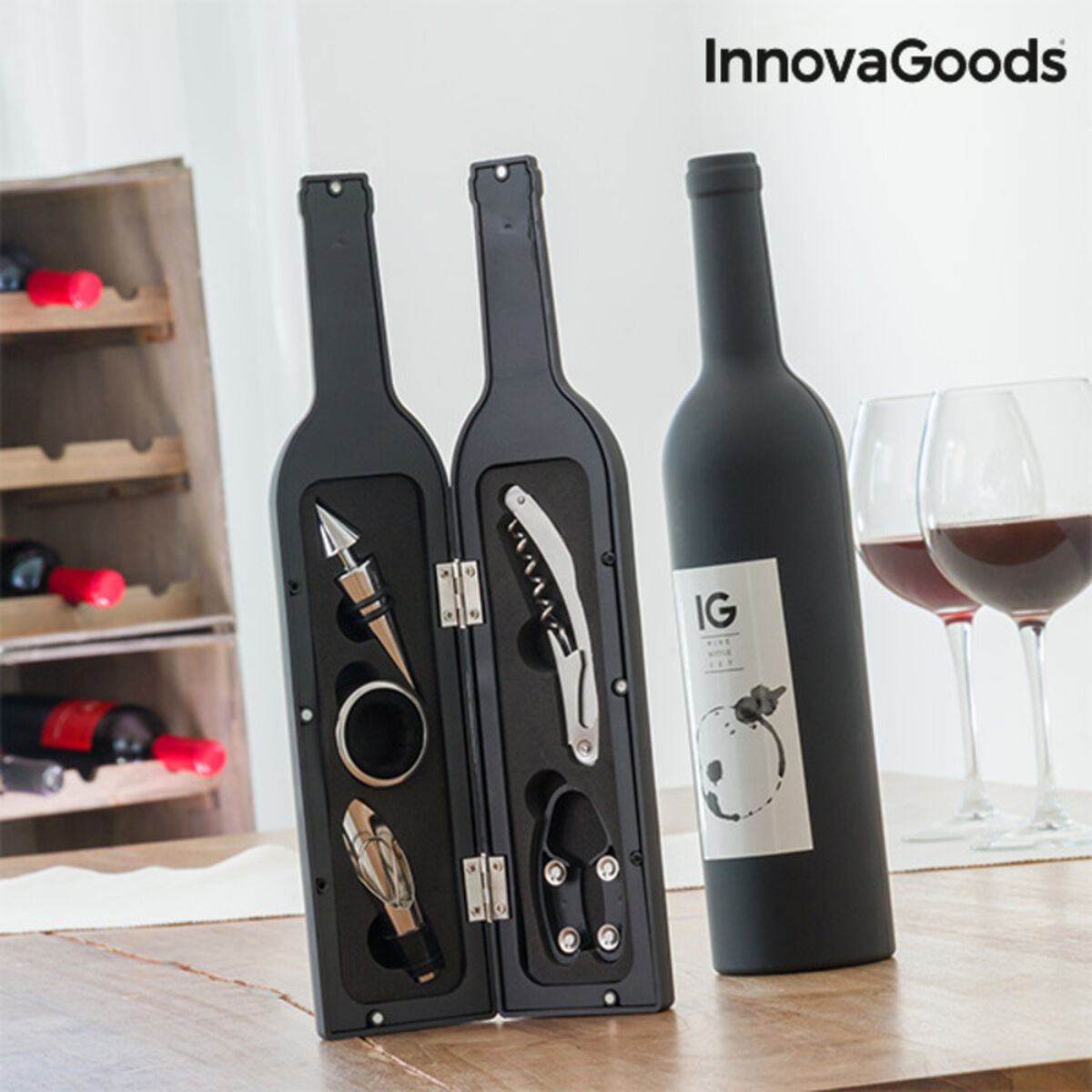 θήκη κρασιού Μπουκάλι InnovaGoods Μαύρο Μέταλλο Ανοξείδωτο ατσάλι (Ανακαινισμenα B)