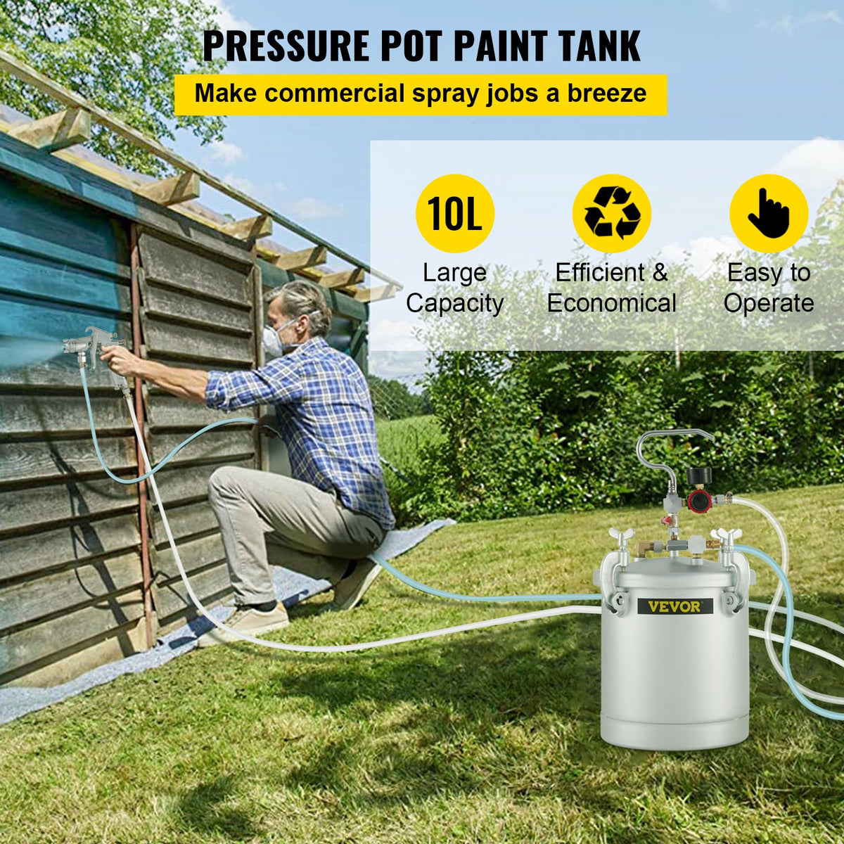 VEVOR Commercial Paint Pressure Tank 2.5 Gallons Pressure Pot Tank 10L Pressure Paint Pot Feed Spray Gun 1.5mm Nozzle Paint Sprayer for 10L Capacity Painting