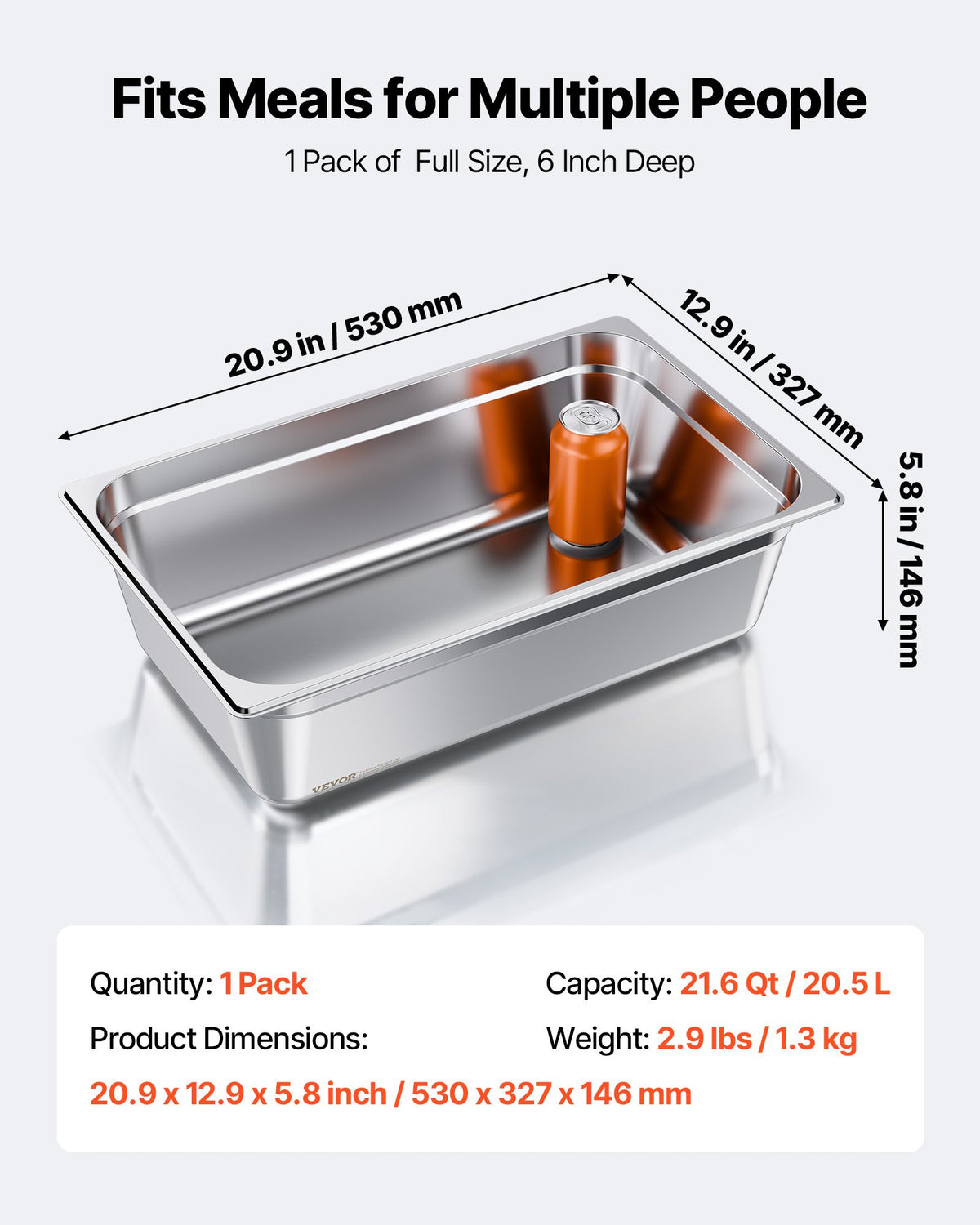 VEVOR Stainless Steam Hotel Pan, Full Size x 145mm Deep, 20.5L Table Steam Pan, Anti Jam Restaurant Supplies Reusable Rustproof Catering Storage for Home, Party, Restaurant, Hotel, Buffet, 1 Pack