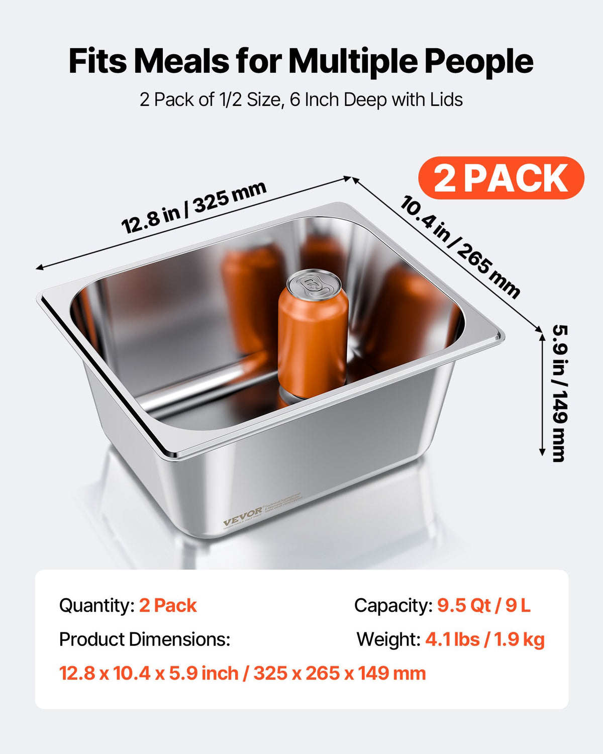 VEVOR Stainless Steam Hotel Pans with Lids, 1/2 Size x 148mm Deep, 9 L Table Steam Pans, Anti Jam Restaurant Supplies Reusable Catering Storage for Home, Party, Restaurant, Hotel, Buffet, 2 Pack