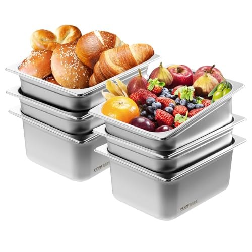 VEVOR 6 Pack Hotel Pans, 1/2 Size Anti-Jam Steam Pan, 0.8mm Thick Stainless Steel Restaurant Steam Table Pan, 6-Inch Deep Commercial Table Pan, Catering Storage Food Pan, for Industrial & Scientific