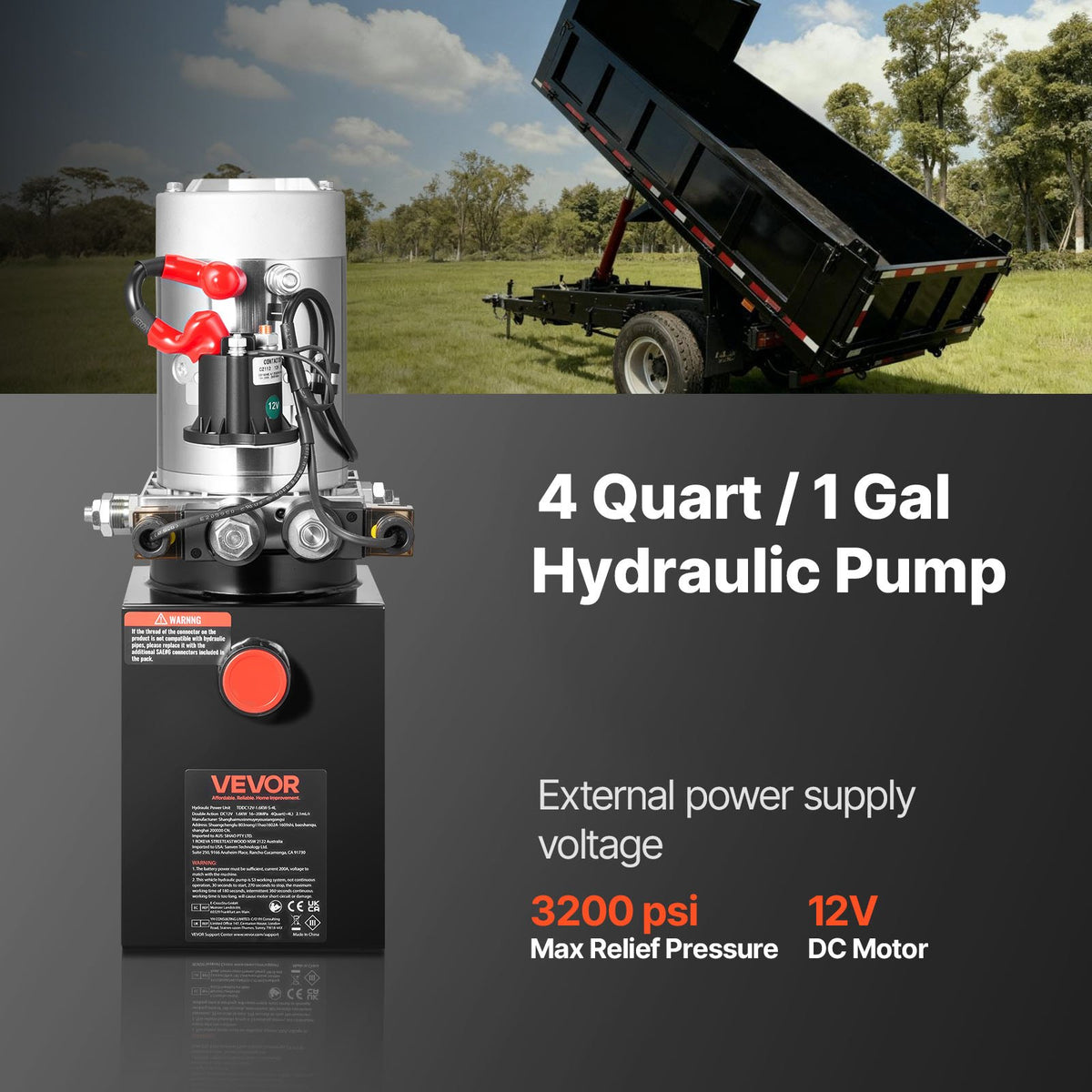 VEVOR 4 L Hydraulic Power Unit, Double Acting Dump Trailer Pump, 22 MPa Max Relief Pressure & 3.4 L/min Flow Rate, DC 12V Hydraulic Pump with Metal Reservoir for Dump Trailer Car Lifting, Black