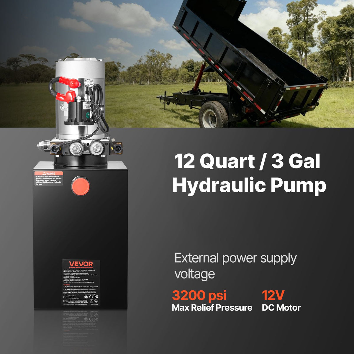 VEVOR 12 L Hydraulic Power Unit, Double Acting Dump Trailer Pump, 22 MPa Max Relief Pressure & 3.4 L/min Flow Rate, DC 12V Hydraulic Pump with Metal Reservoir for Dump Trailer Car Lifting