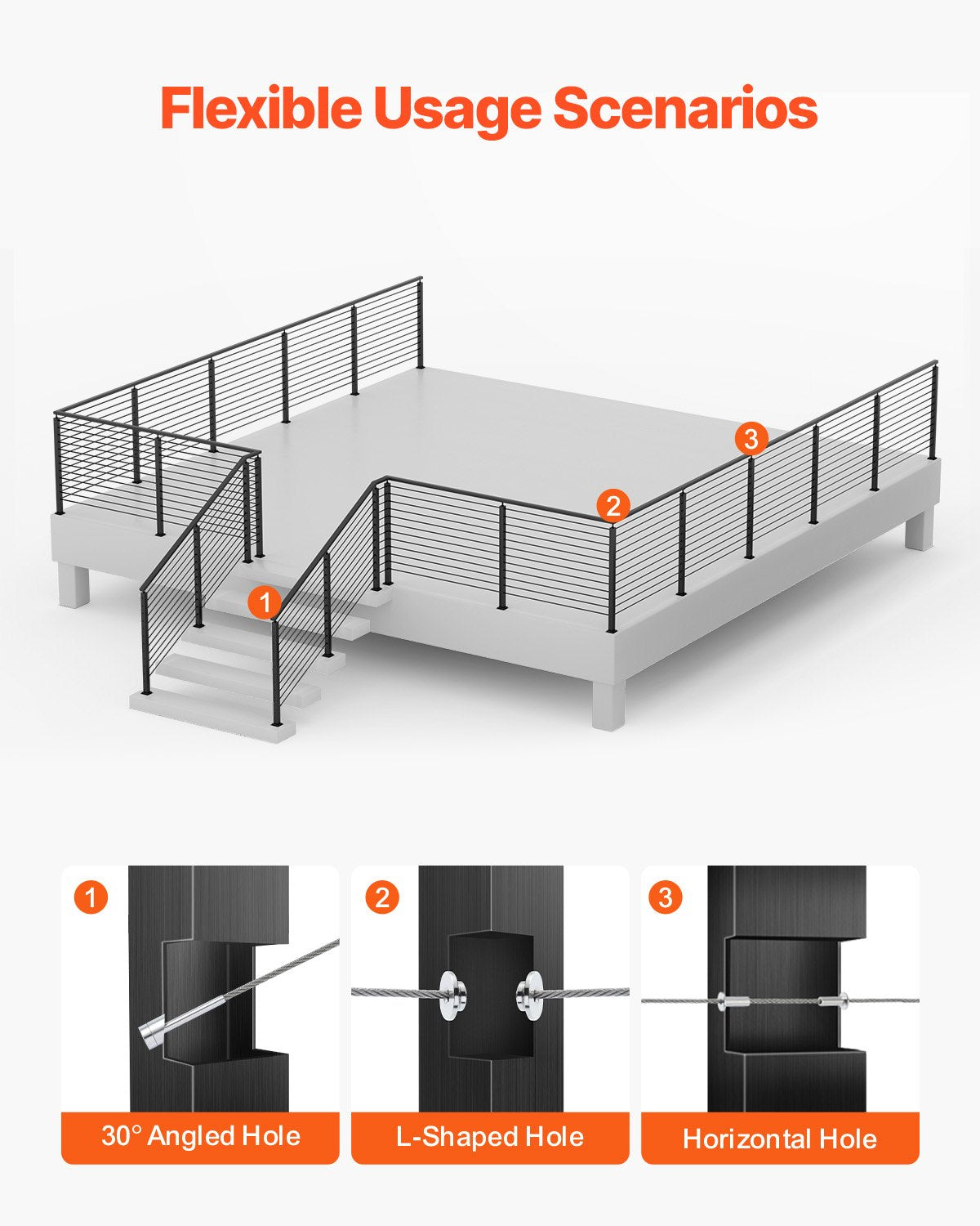 VEVOR Cable Railing Post, 42x1x2 Inch Stair Railing Post, with Pre-Drilled 30° Angled Holes, Stainless Steel Cable Rail Post with Horizontal and Curved Bracket, 1-Pack, Black, 1JZLGZXHS106VRA3X001V0