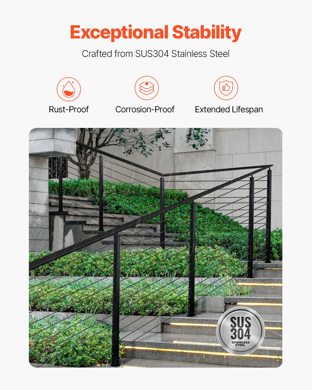 VEVOR Cable Railing Post, 42x2x2 Inch Stair Railing Post, with Pre-Drilled 30° Angled Holes, Stainless Steel Cable Rail Post with Horizontal and Curved Bracket, 1-Pack, Black, 1JZLGZXHS106W3XAA001V0