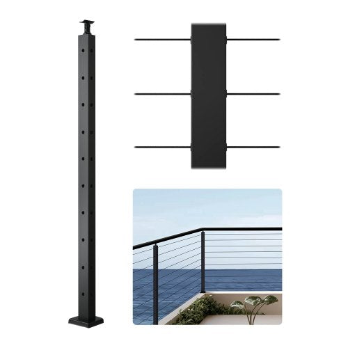 VEVOR Cable Railing Post, 36x1x2 Inch Corner Railing Post, with L-Shaped Pre-Drilled Holes, Stainless Steel Cable Rail Post with Horizontal and Curved Bracket, 1-Pack, Black, 1JZLGZXHS914IVCFL001V0
