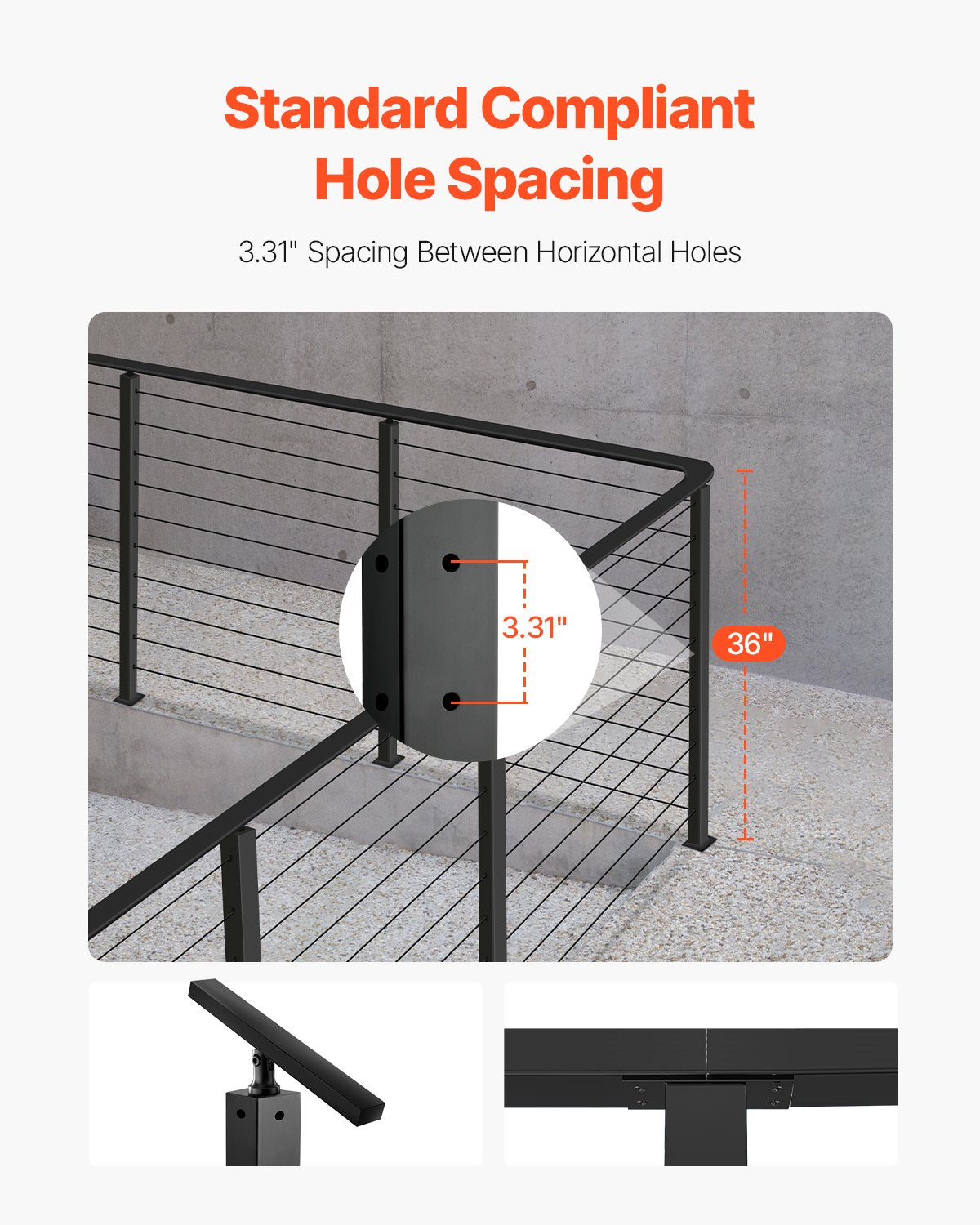 VEVOR Cable Railing Post, 36x1x2 Inch Corner Railing Post, with L-Shaped Pre-Drilled Holes, Stainless Steel Cable Rail Post with Horizontal and Curved Bracket, 1-Pack, Black, 1JZLGZXHS914IVCFL001V0