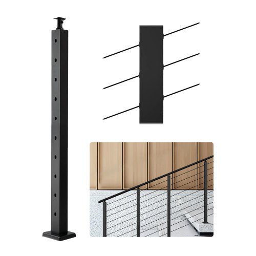 VEVOR Cable Railing Post, 36x2x2 Inch Stair Railing Post, with Pre-Drilled 30° Angled Holes, Stainless Steel Cable Rail Post with Horizontal and Curved Bracket, 1-Pack, Black, 1JZLGZXHS914YIVIS001V0