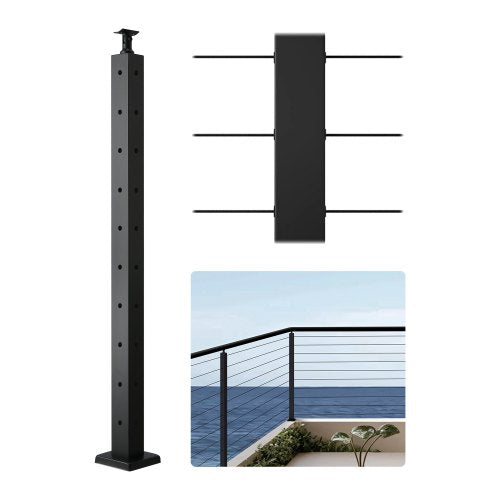 VEVOR Cable Railing Post, 914.4 x 50.8 x 50.8 mm Corner Railing Post, with L-Shaped Pre-Drilled Holes, Stainless Steel with Horizontal and Curved Bracket, 1-Pack, Black, 1JZLGZXHS914ZPBNY001V0