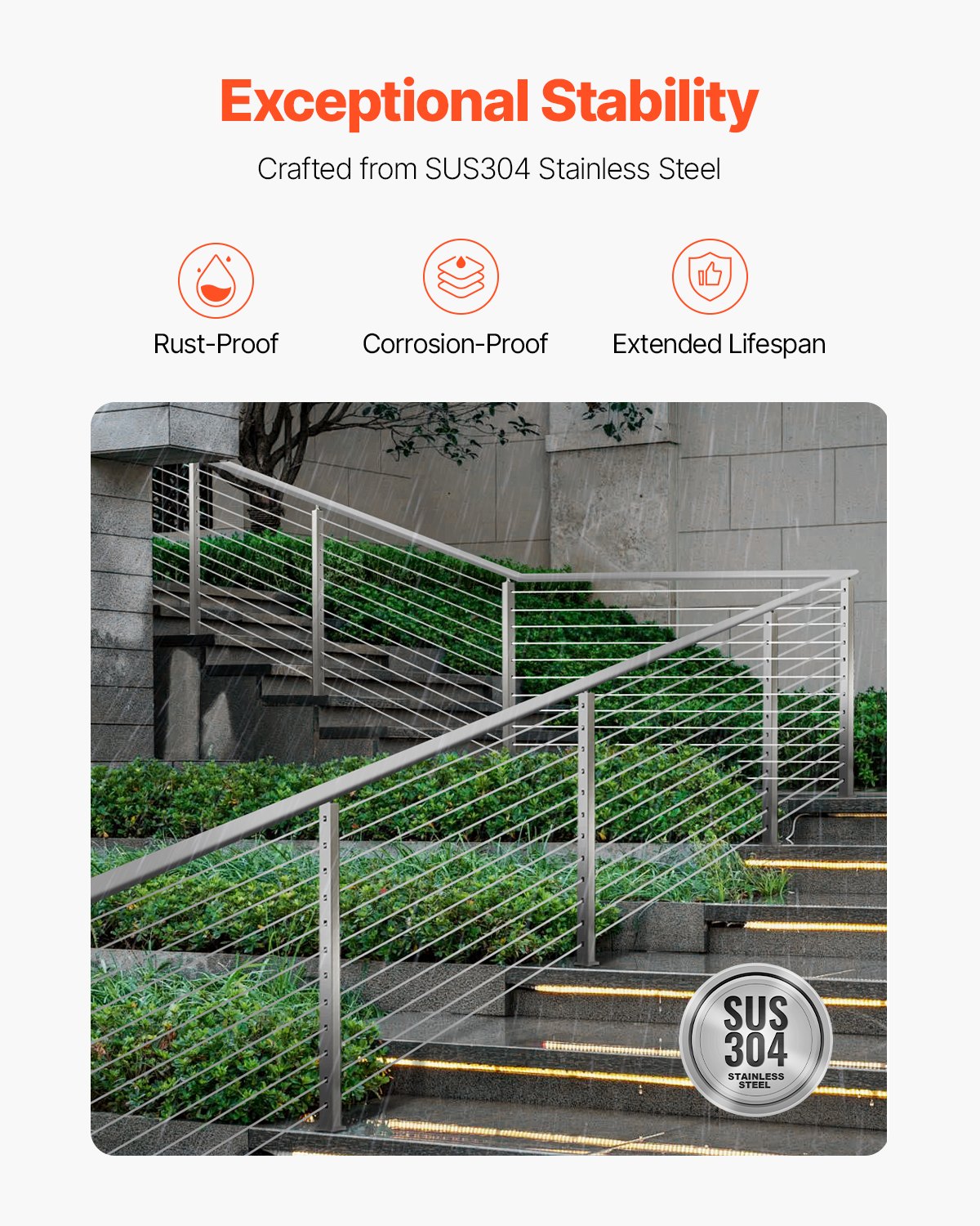 VEVOR Cable Railing Post, 42x2x2 Inch Stair Railing Post, with Pre-Drilled 30° Angled Holes, Stainless Steel Cable Rail Post with Horizontal and Curved Bracket, 1-Pack, Silver, 1JZLGZXYS1062TLWC001V0