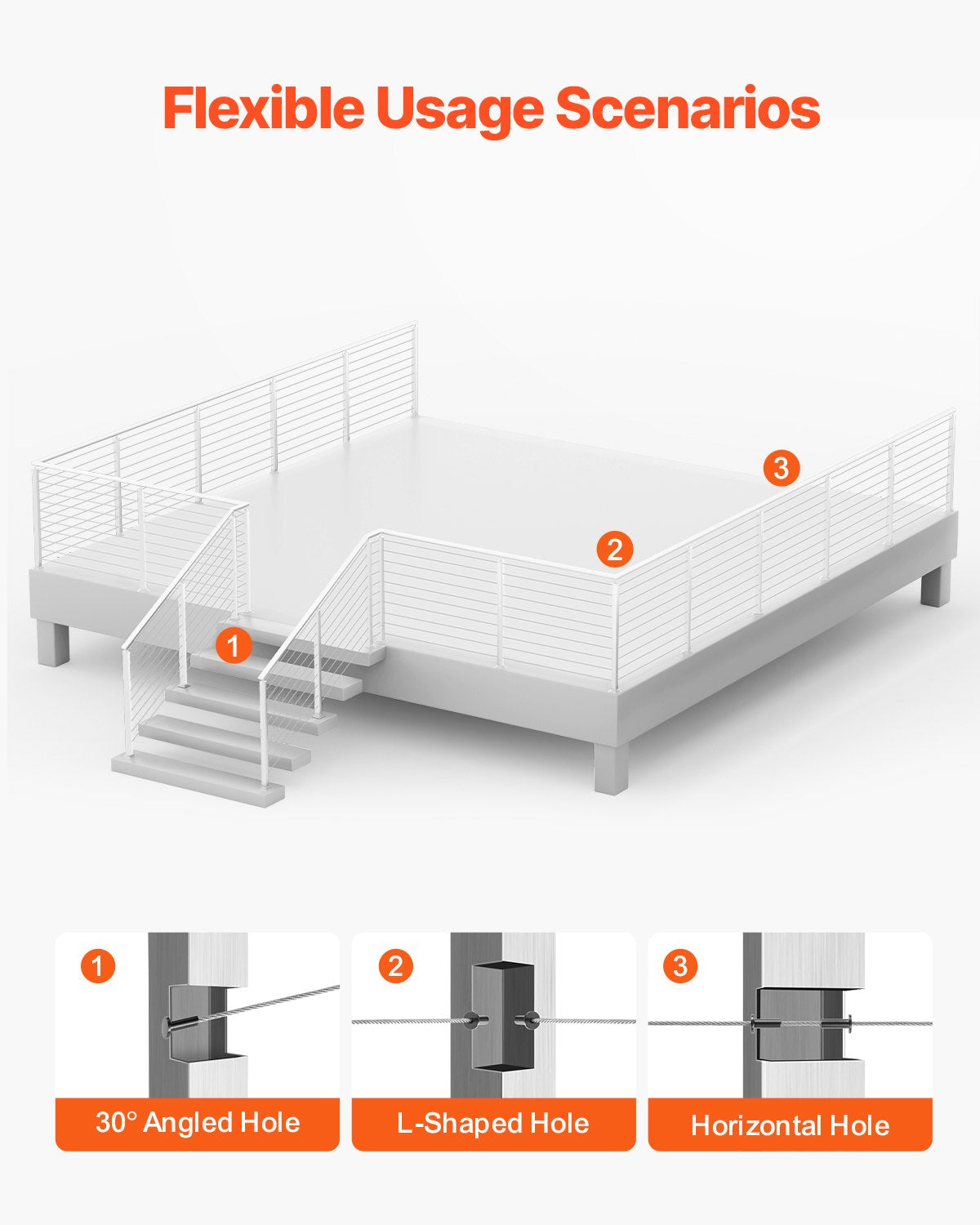 VEVOR 1-Pack Cable Railing Post, 36x2x2 In Horizontal-Hole Deck Railing Post with Pre-Drilled Holes, Stainless Steel Cable Rail Post with Horizontal and Curved Bracket, Silver, 1JZLGZXYS91466KZK001V0