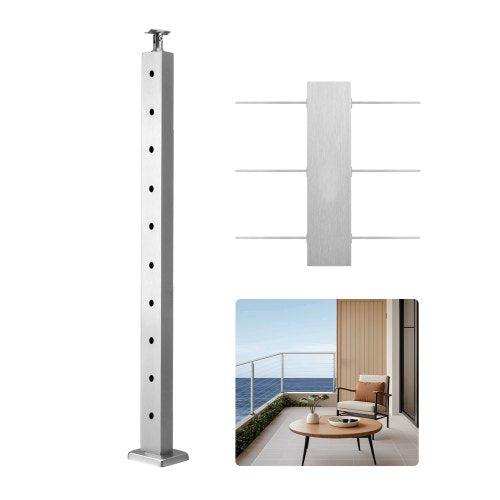 VEVOR Cable Railing Post, 36x1x2 Inch Level Deck Stair Posts, 1-Pack Stainless Steel Cable Handrail Post, Pre-Drilled Pickets with Mounting Bracket Stair Railing Kit, Silver, 1JZLGZXYS914I4BDB001V0