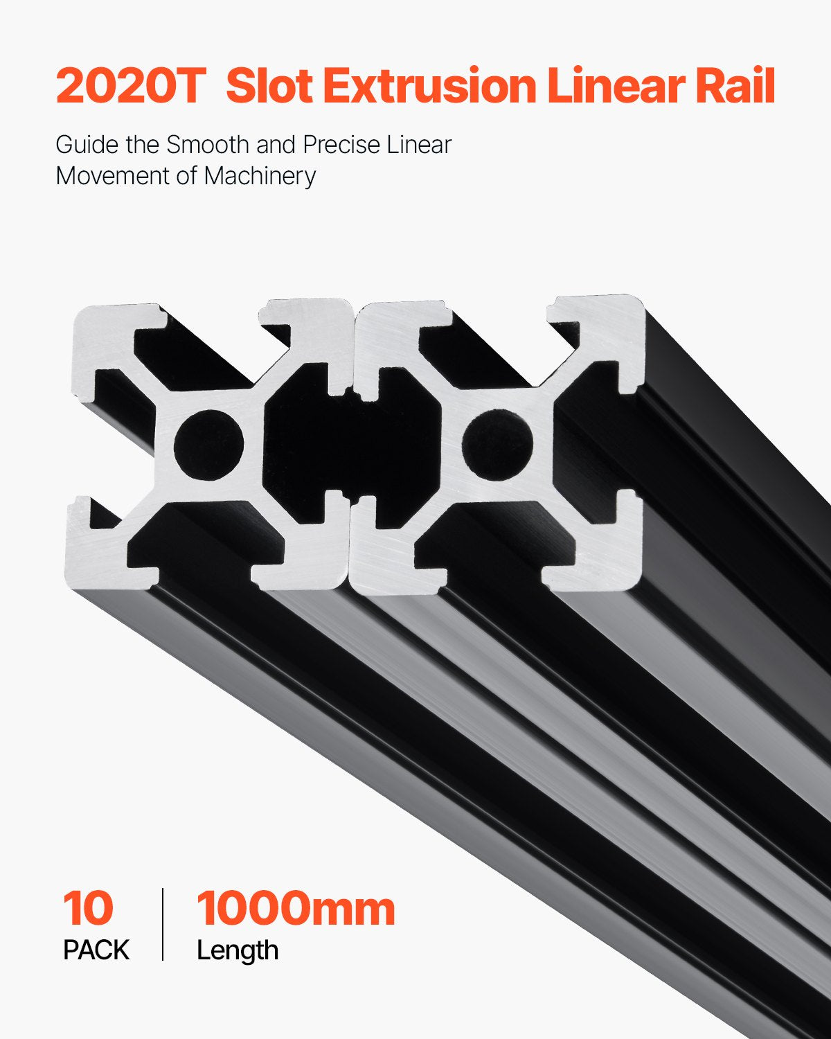 VEVOR 10PCS 39.4in (1000mm) T Slot 2020 Aluminum Extrusion Profile, European Standard Anodized Linear Rail, High-Strength Extruded Aluminum Rail for 3D Printer, CNC Machine DIY, Laser Engraving, Black