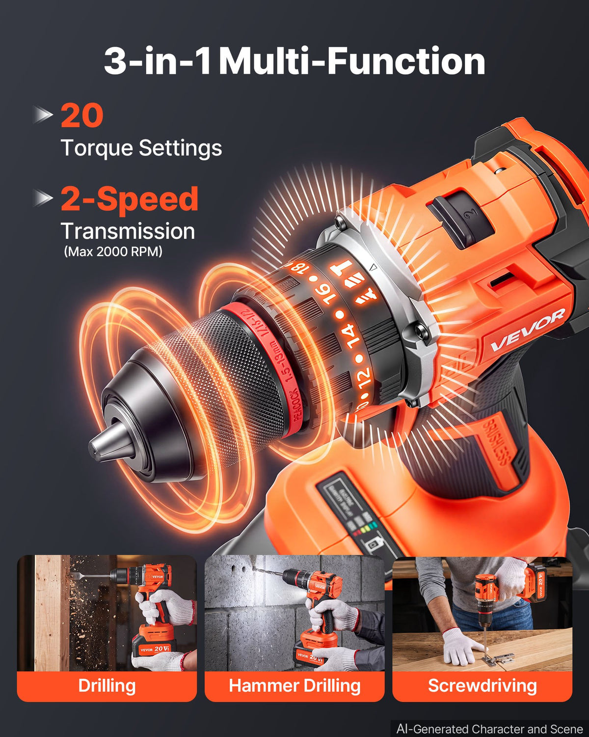 VEVOR Hammer Drill 20V 1/2 in 30000 IPM Brushless Cordless Impact Drill Kit, for Drilling Wood Metal Screw Driving, 4000 mAh Lithium-Ion Battery Pack and Charger, with All-Metal Chuck, Compact Design