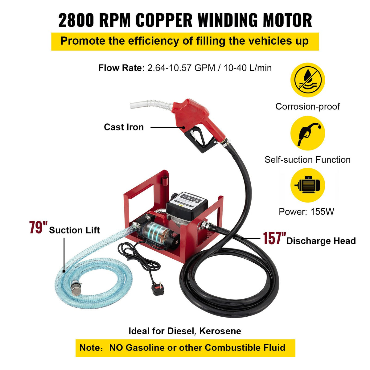 VEVOR 40 L Diesel Pump, Heating Oil Pump, 300 W Self-Priming Oil Pump, Oil Suction Pump, Self-Priming, Diesel Fuel Transfer Pump, Counter Automatic Pump