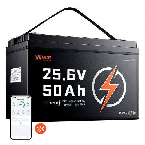 VEVOR 24V 50Ah LiFePO4 Lithium Battery 4000+ Cycles 50A BMS with Bluetooth, 1280Wh Lithium Battery with Low Temperature Protection, Supports 8P2S Connection, for RV, Trolling Motor, Marine, Solar