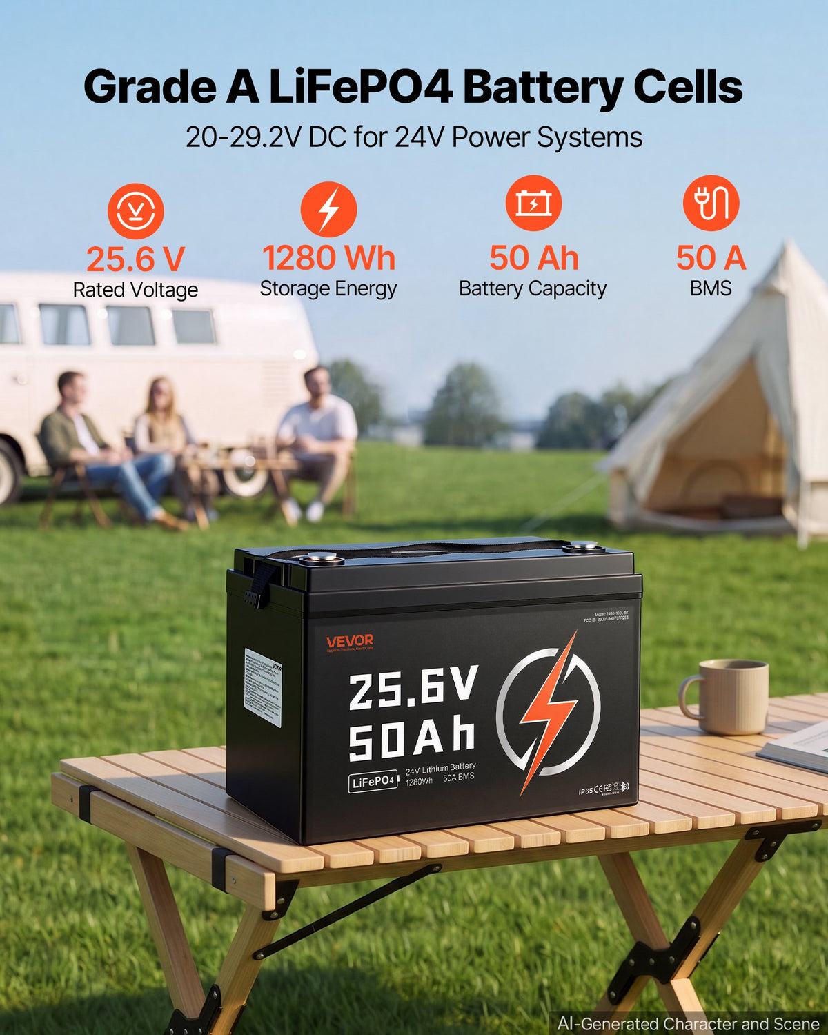 VEVOR 24V 50Ah LiFePO4 Lithium Battery 4000+ Cycles 50A BMS with Bluetooth, 1280Wh Lithium Battery with Low Temperature Protection, Supports 8P2S Connection, for RV, Trolling Motor, Marine, Solar